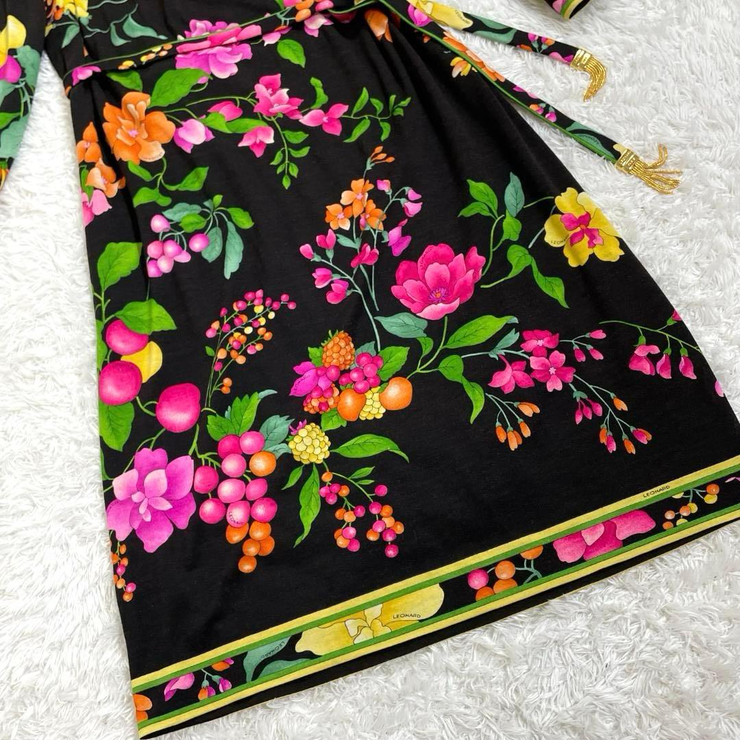 レオナール ロングワンピース 花柄 トリム ベルト付き 長袖ミディドレス L