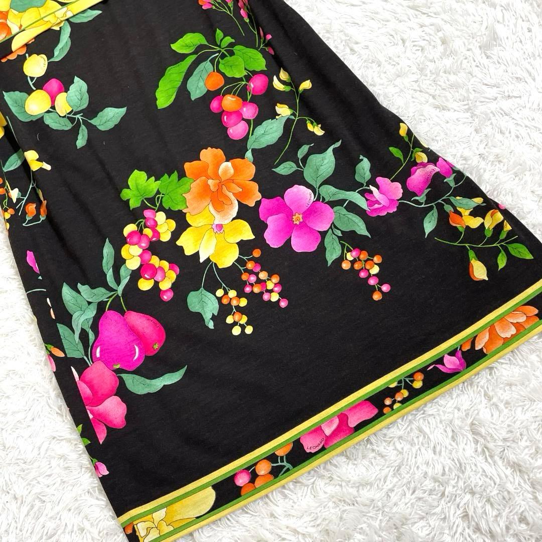 レオナール ロングワンピース 花柄 トリム ベルト付き 長袖ミディドレス L