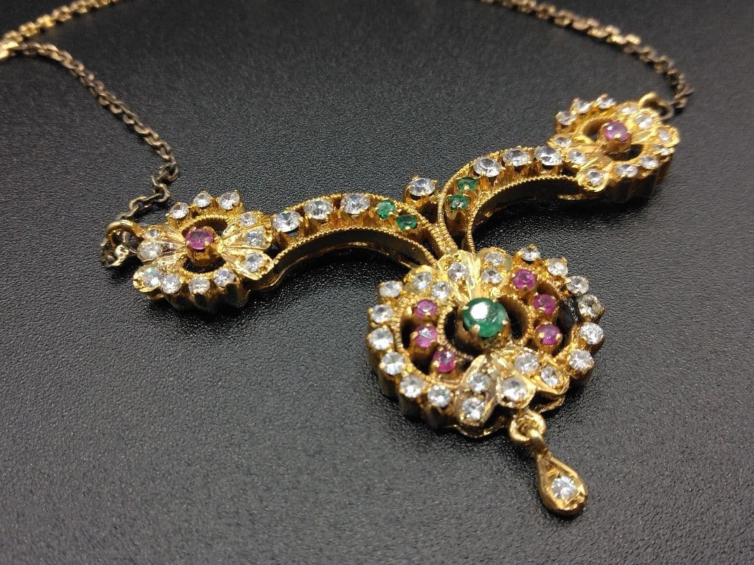 【伝統工芸】インド ダイヤ エメラルド ルビー ゴールドネックレス