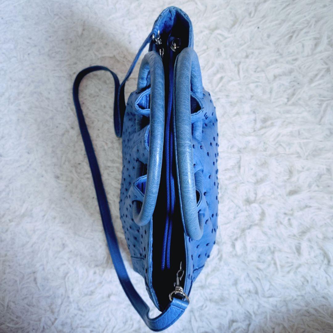 2WAY　ハンドバッグ　オーストリッチ　ブルー色　自立型　容量多