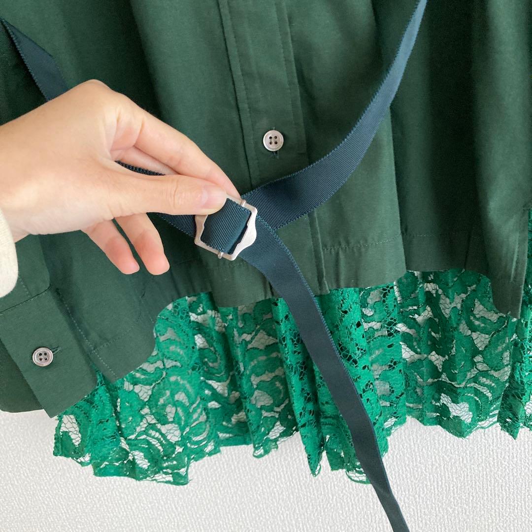 【ほぼ新品】2 M サイズ sacai ダークグリーン レース付き長袖シャツ