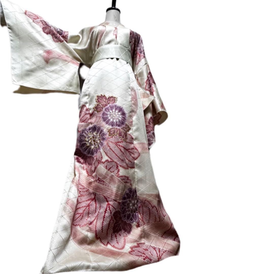 振袖　着物リメイク　ドレス　着物袖風　和柄　ワンピース　金糸花　ハンドメイド