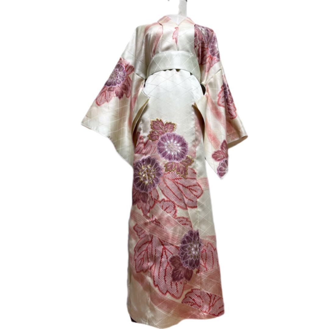 振袖　着物リメイク　ドレス　着物袖風　和柄　ワンピース　金糸花　ハンドメイド