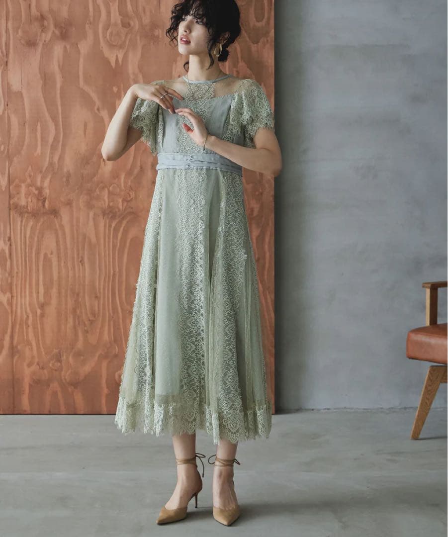 特別価格　ドットチュール×レースドレス　グリーン　穴開きあり