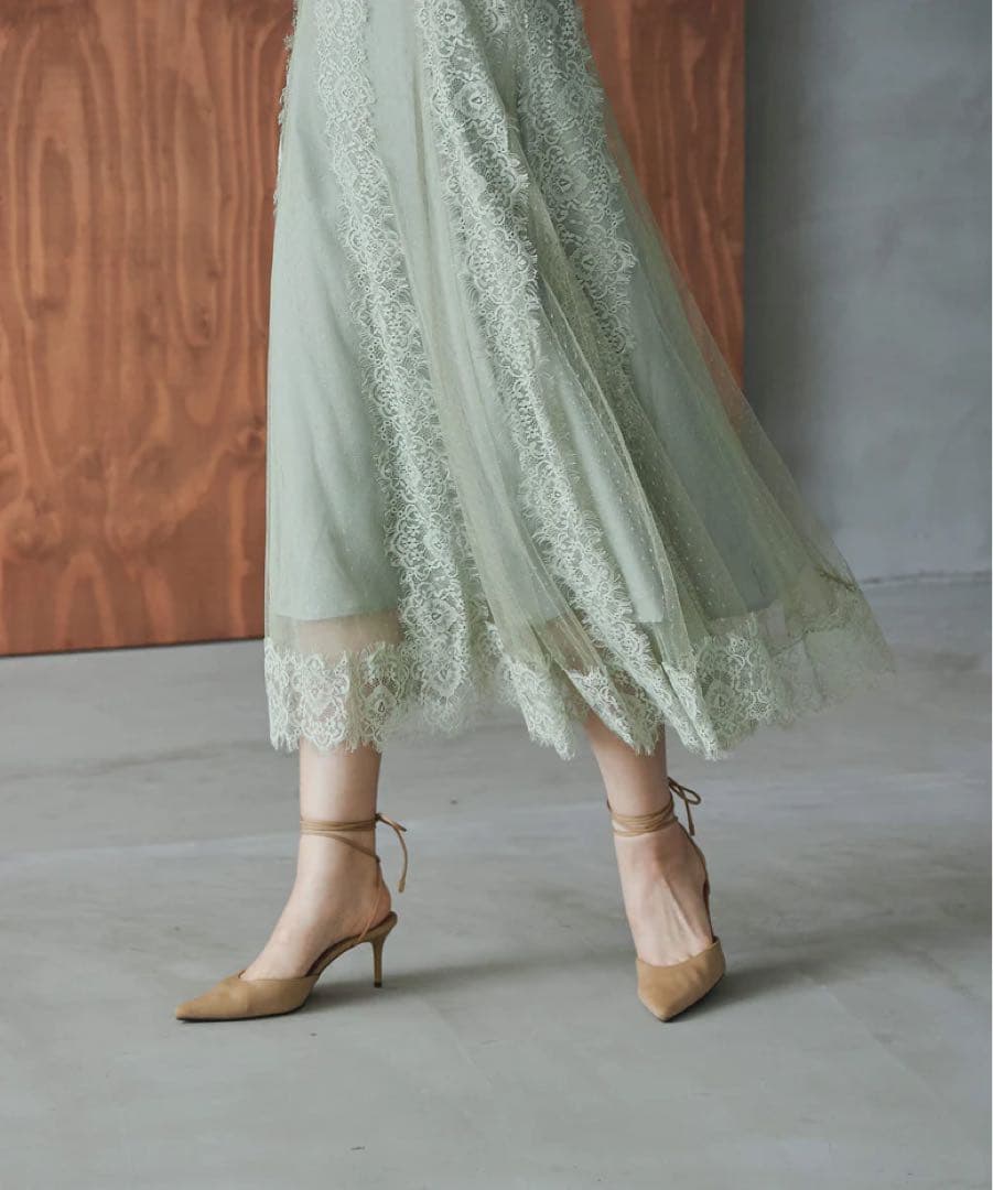 特別価格　ドットチュール×レースドレス　グリーン　穴開きあり