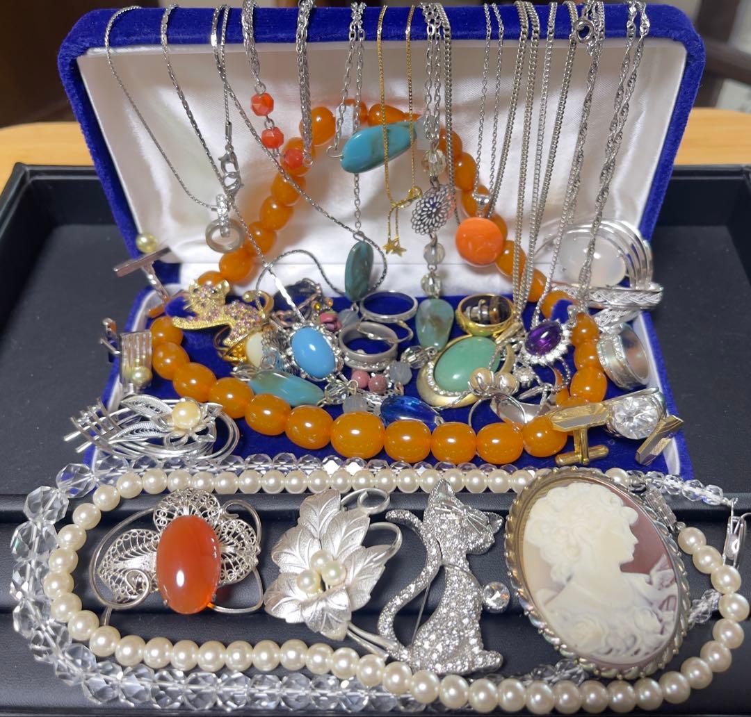 遺品整理 アクセサリー 大量 まとめ 本真珠ネックレス silver刻印水晶