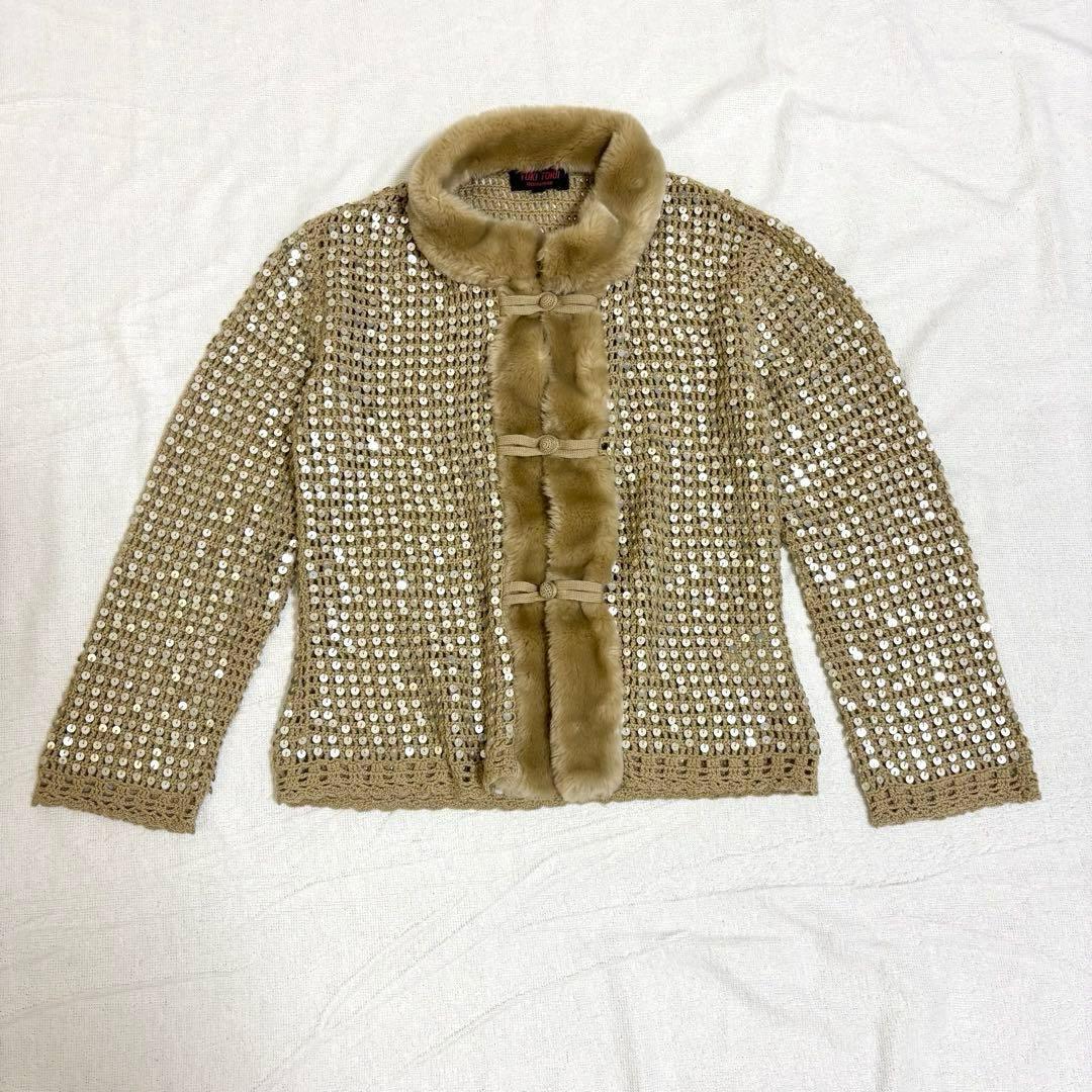 ユキトリイ YUKI TORII ニットカーディガン スパンコール ファー 40