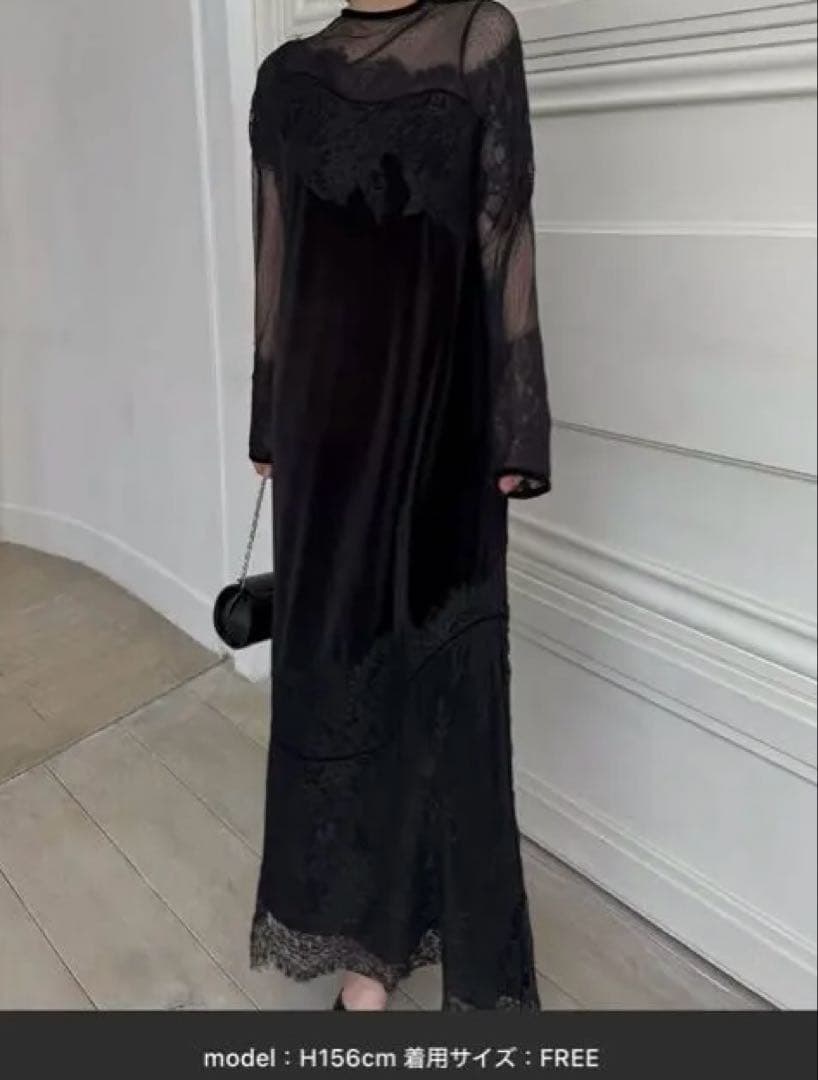 美品　dot tulle panel lace velour OP ブラック