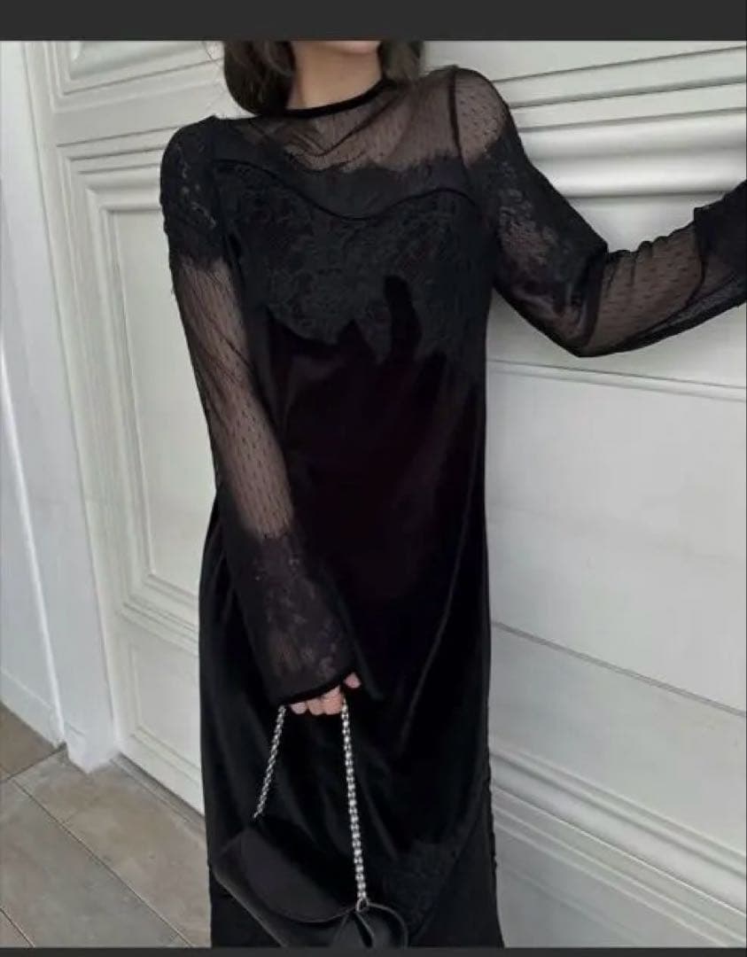 美品　dot tulle panel lace velour OP ブラック