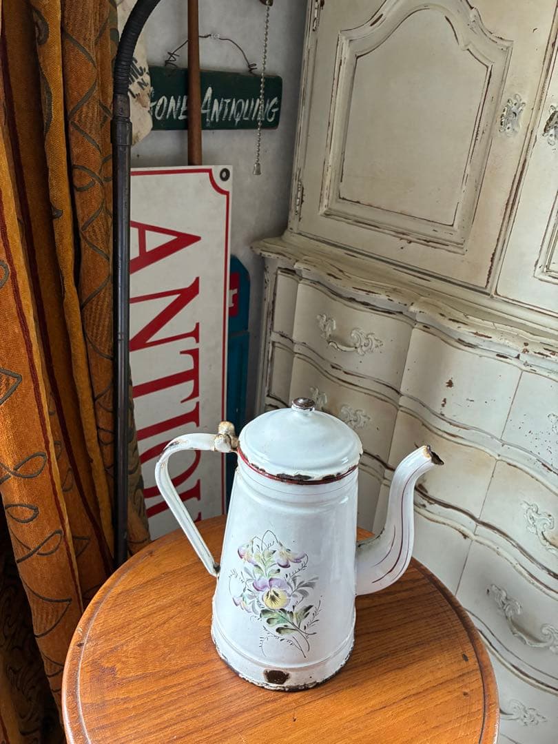 フランス　アンティーク　手描き　ホーロー　コーヒー　ポット　JAPY すみれ