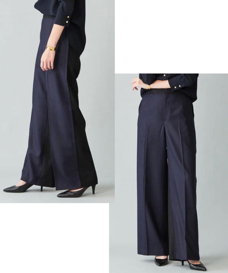 極美品✨　ベイジ　ILONSE　最高級メリノ糸　ワイドパンツ　バイカラー　紺