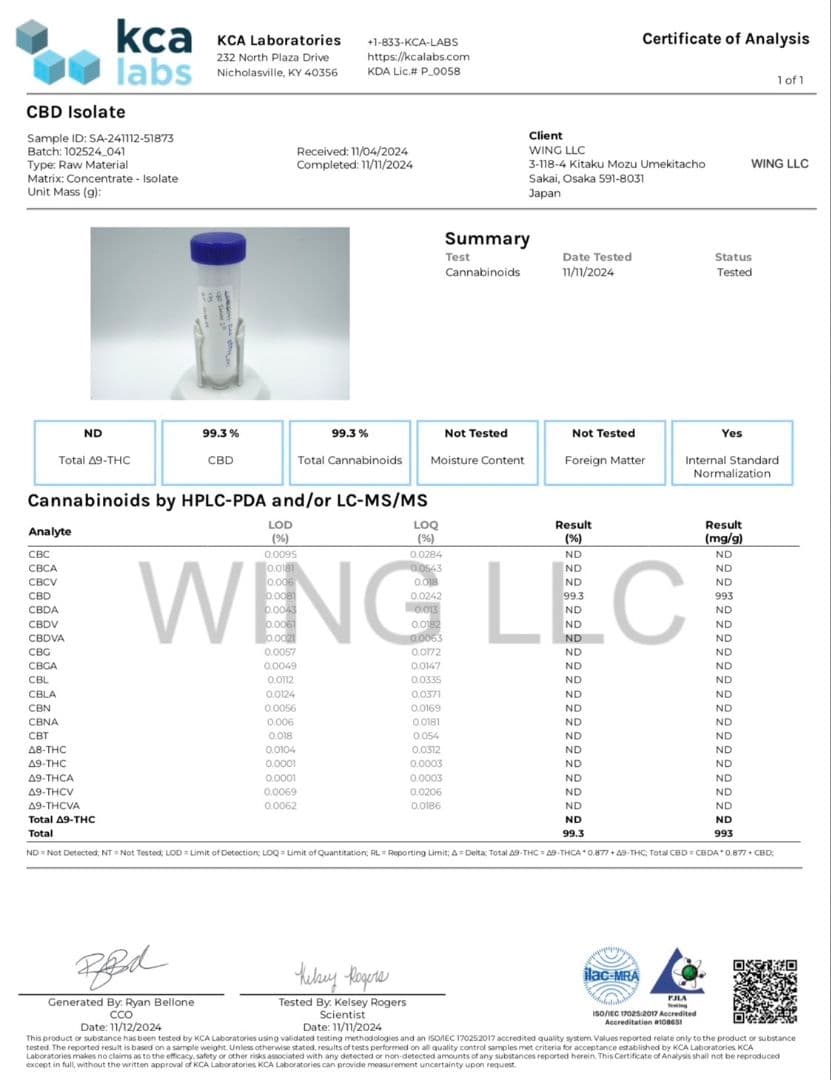 CBDアイソレート 100g リキッド原料　食品輸入