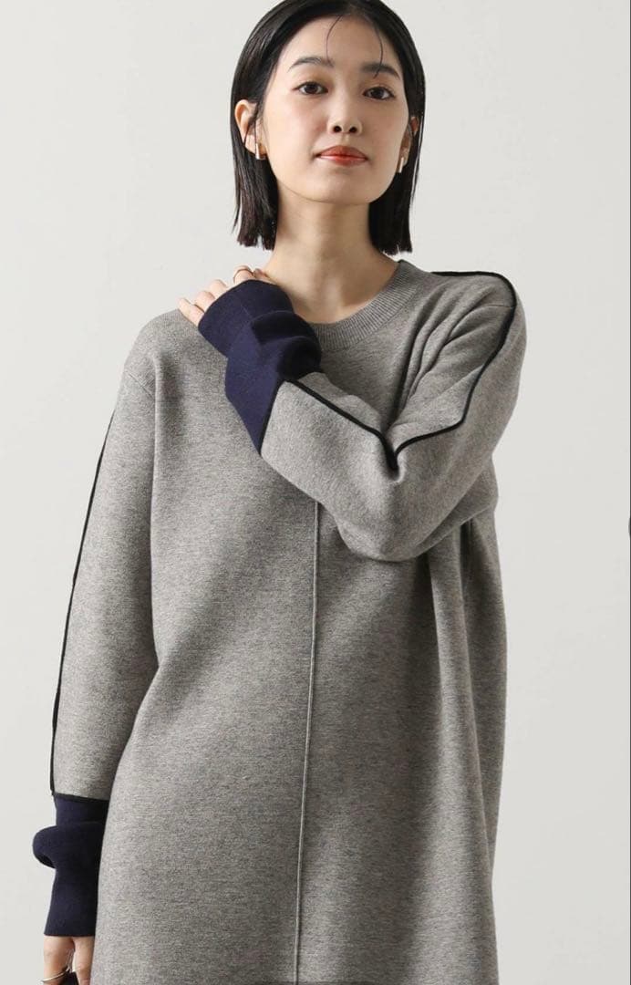 Gready Brilliantライン配色ミラノリブワンピース　グレー