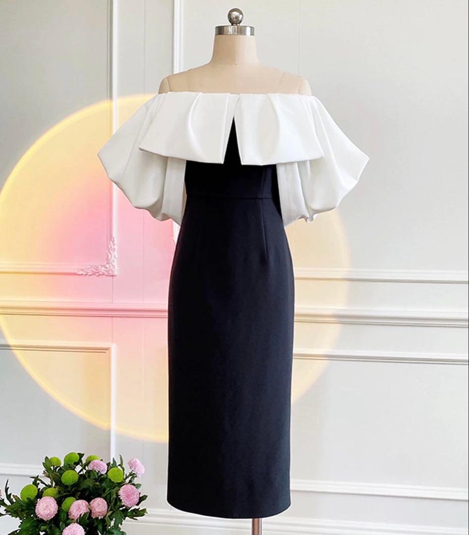 バイカラーがオシャレなスリット入り オフショル 膝下丈ドレス