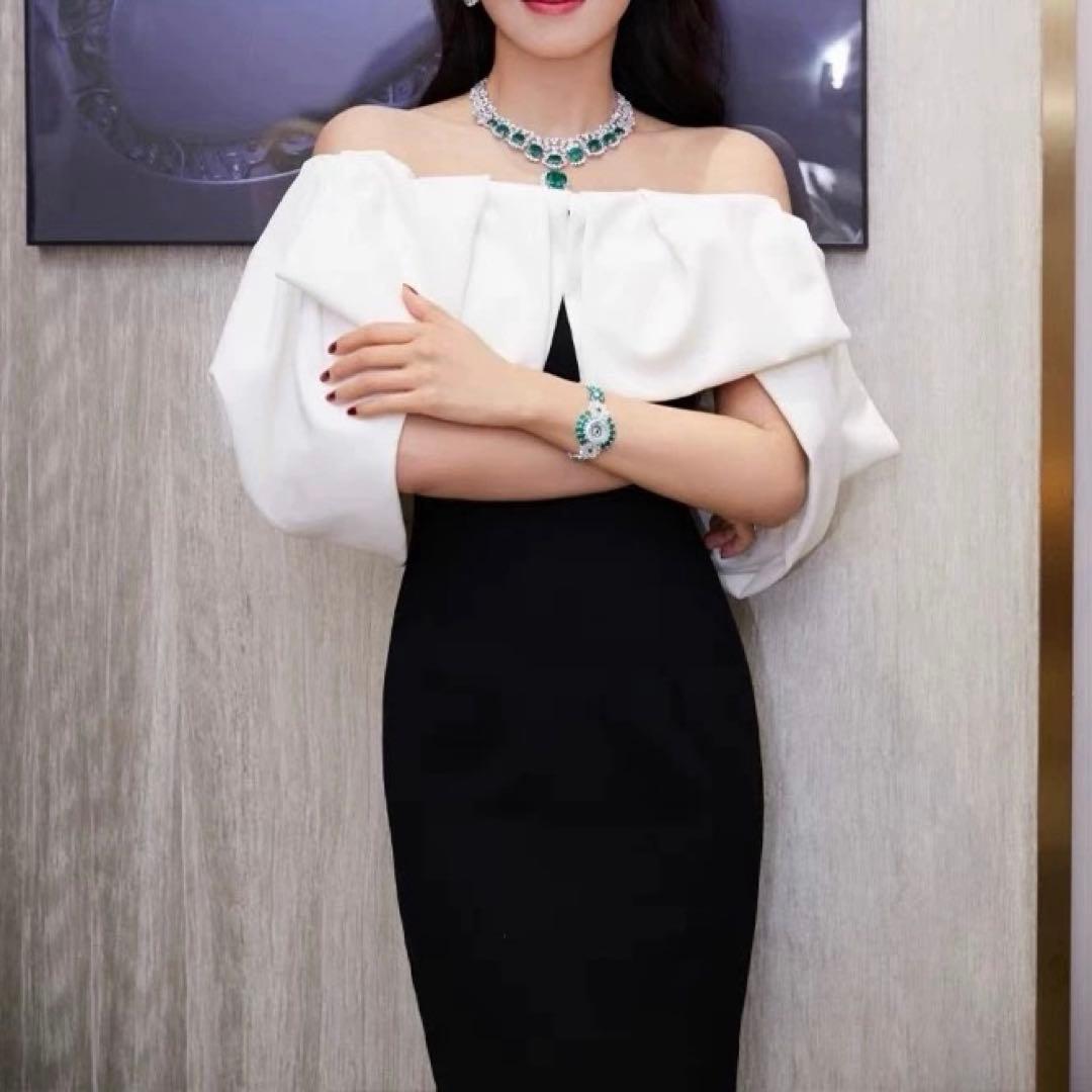 バイカラーがオシャレなスリット入り オフショル 膝下丈ドレス