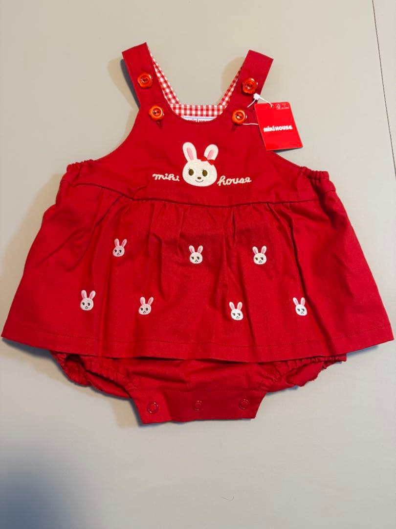 【新品未使用タグ付】ミキハウス ロンパース 赤 刺繍ホワイトブラウス ガーゼ付