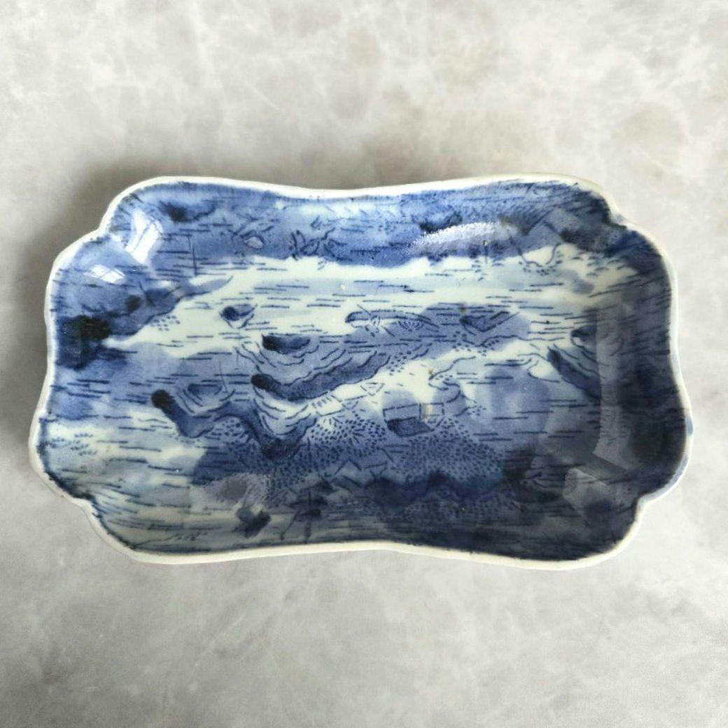 古伊万里　染付　隅入長皿　型紙摺印判　江戸時代　骨董　アンティーク