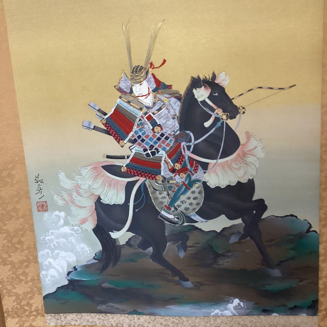 安田靫彦　絹本着色掛軸一幅　【武者之図】　共箱　肉筆画　軸先紫檀　　模写　182