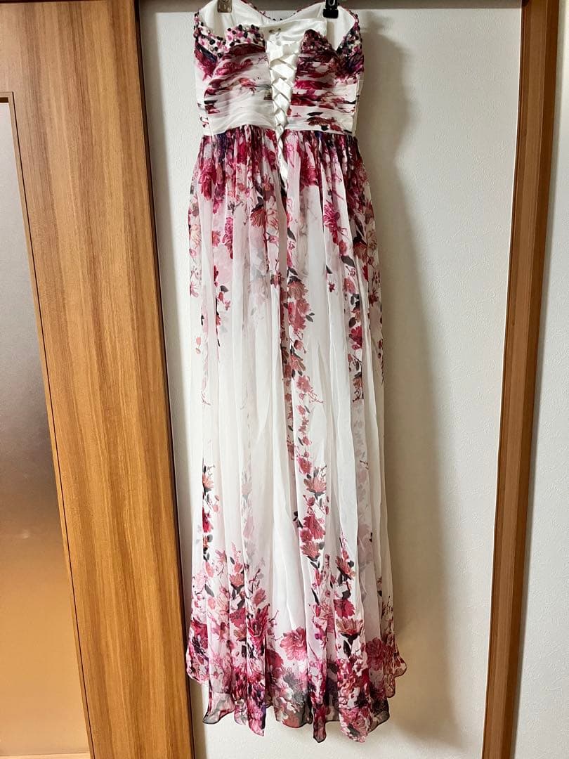 【美品】ロングドレス　ピンク花柄　演奏会　ベアトップ　編み上げ