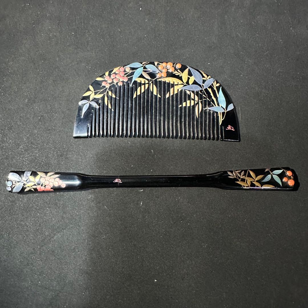 大正アンティーク　鼈甲　櫛笄　黒漆螺鈿細工　金細工髪飾り