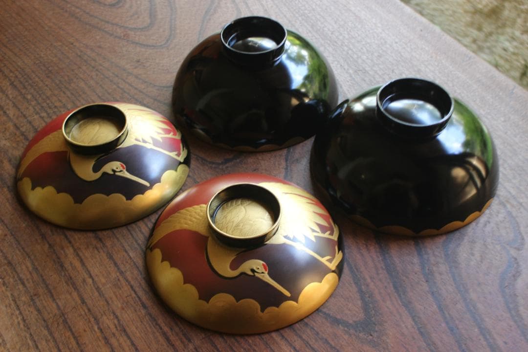 時代逸品！時代金縁黒漆に極上日の出鶴蒔絵の映えるお椀2点（検輪島塗蒔絵椀雑煮椀