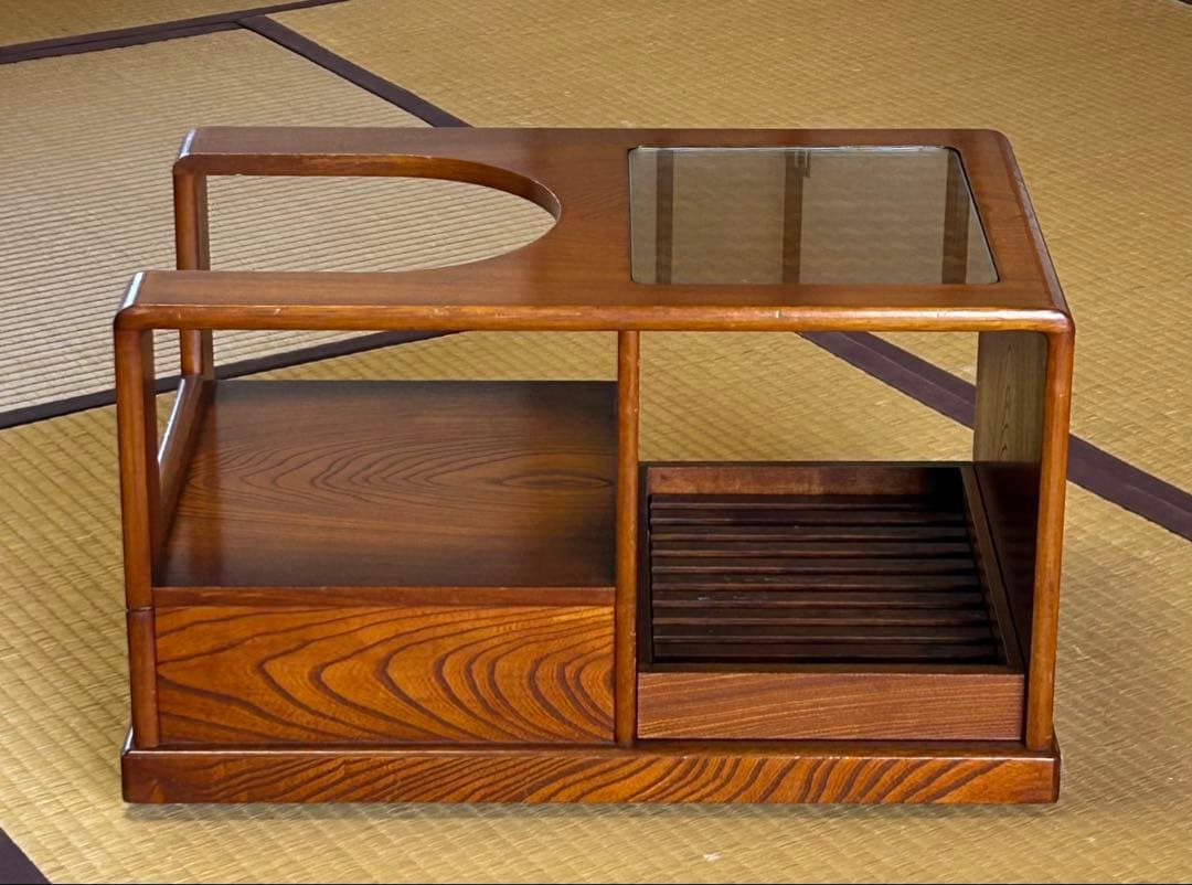 和風ワゴン お座敷ワゴン けやき ガラス天板付き座卓 キャスター付き