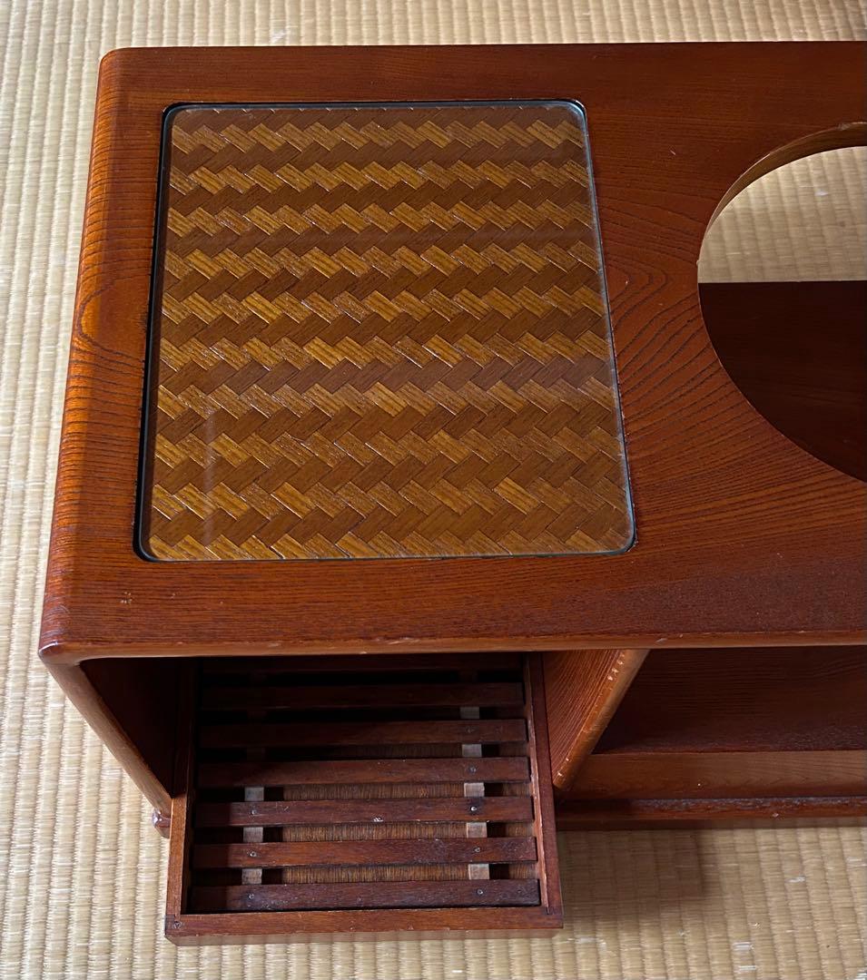 和風ワゴン お座敷ワゴン けやき ガラス天板付き座卓 キャスター付き