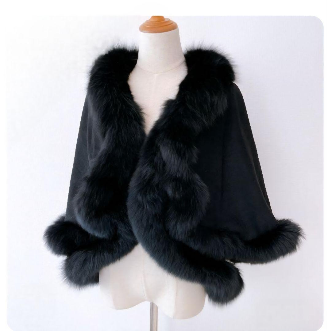 【美品】カシミヤ×フォックスファー　ポンチョ　サイズ M ブラック　美フォルム