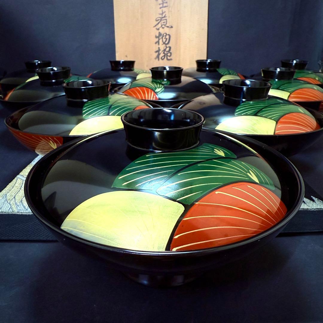 漆器　輪島塗　木製　蒔絵　溜塗　吸物椀　大きめ　蓋付椀　汁椀　10客　共箱