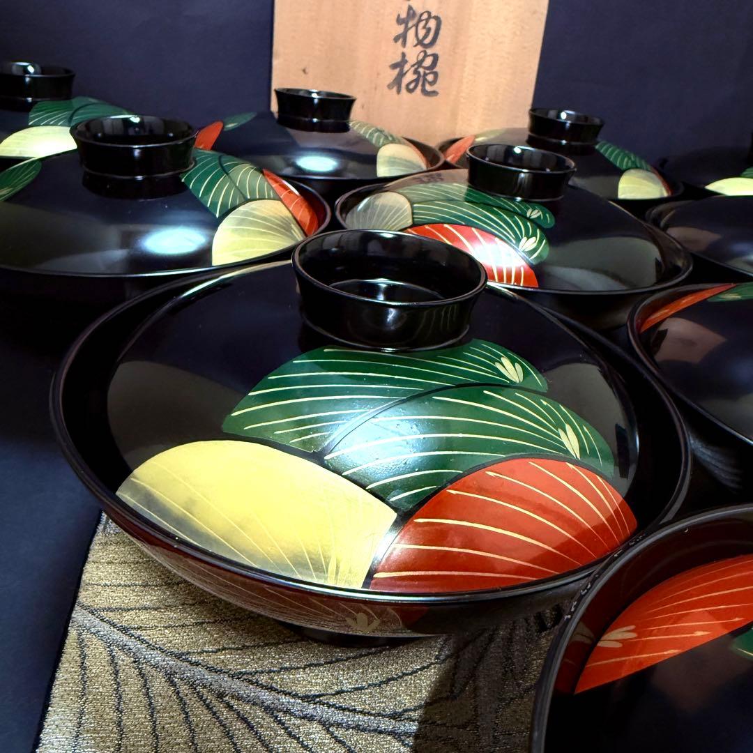 漆器　輪島塗　木製　蒔絵　溜塗　吸物椀　大きめ　蓋付椀　汁椀　10客　共箱