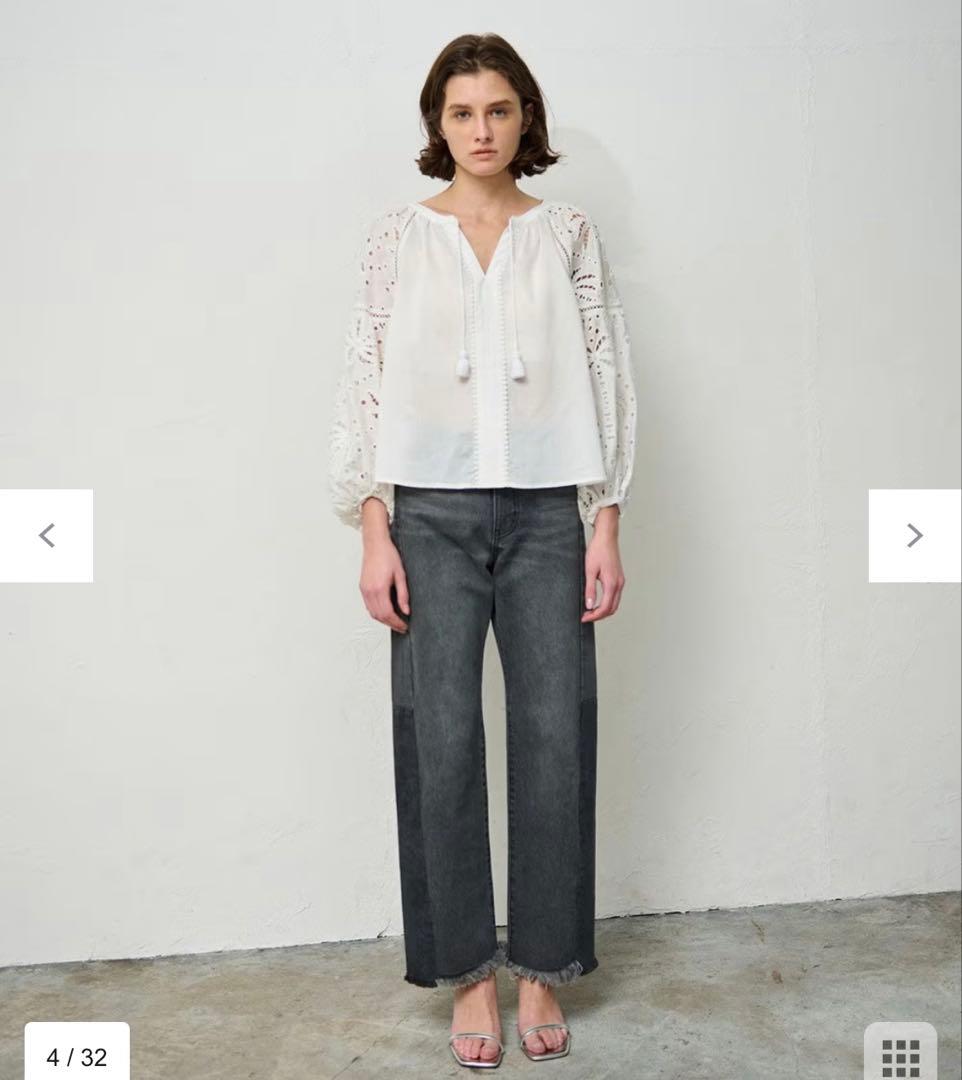 ハ*可様 新品グレースコンチネンタル　ヤシ柄カットワークトップ36フリーサイズ