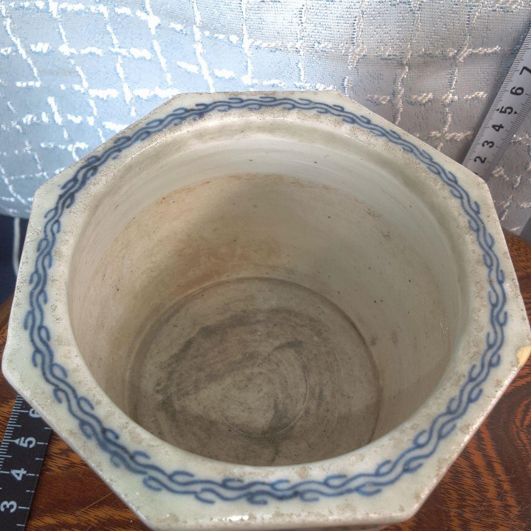 骨董５青い絵柄の八角形陶器鉢