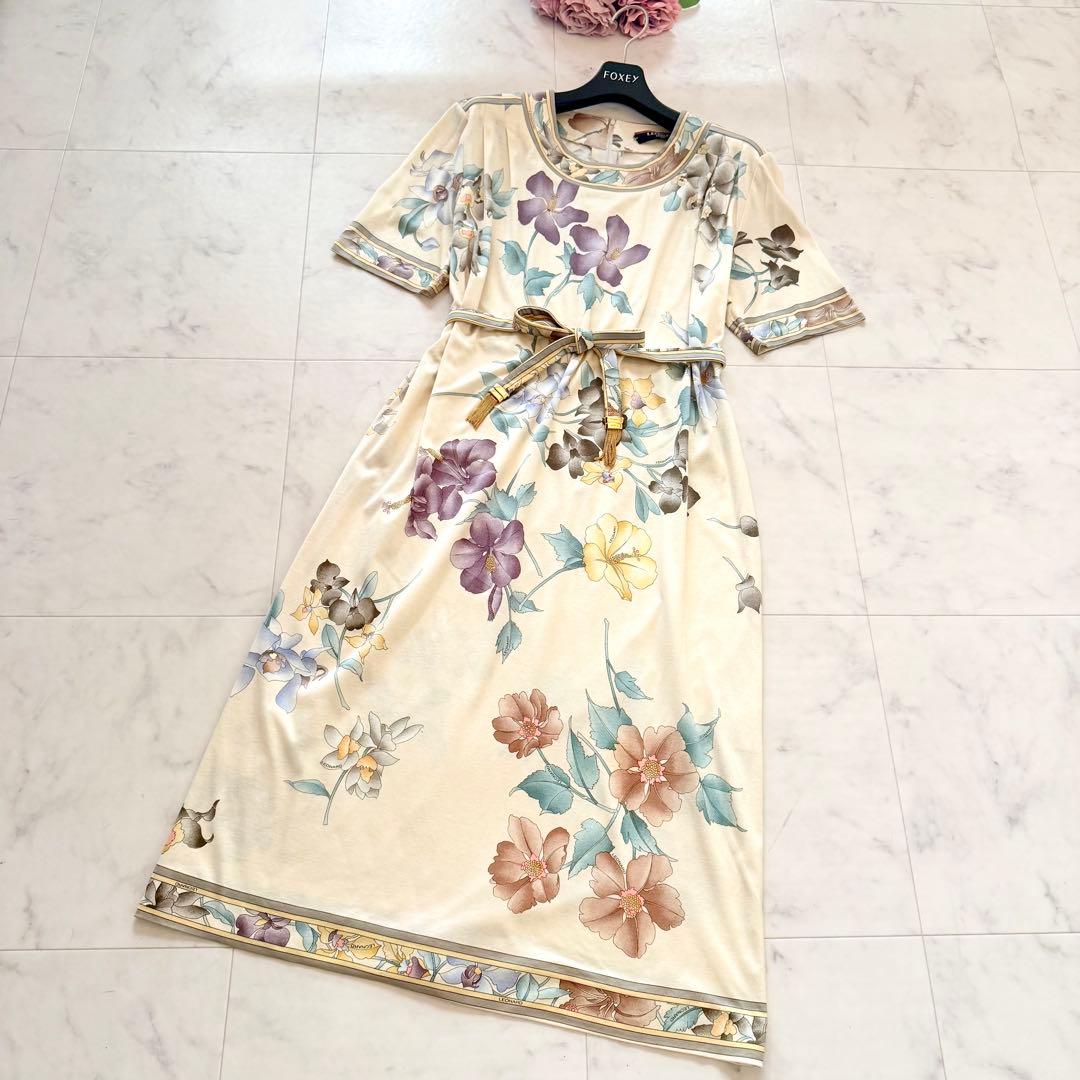 美品★レオナール ロングワンピース ベルト付き 花柄 トリム コットン L
