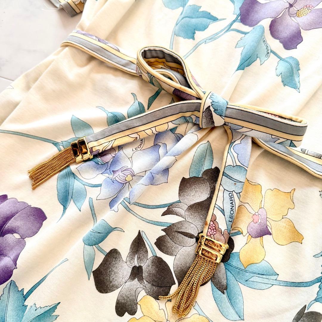 美品★レオナール ロングワンピース ベルト付き 花柄 トリム コットン L