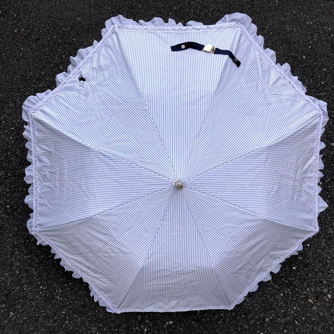 ラルフローレン ポロ 折りたたみ兼用傘 ストライプ柄フリル付き