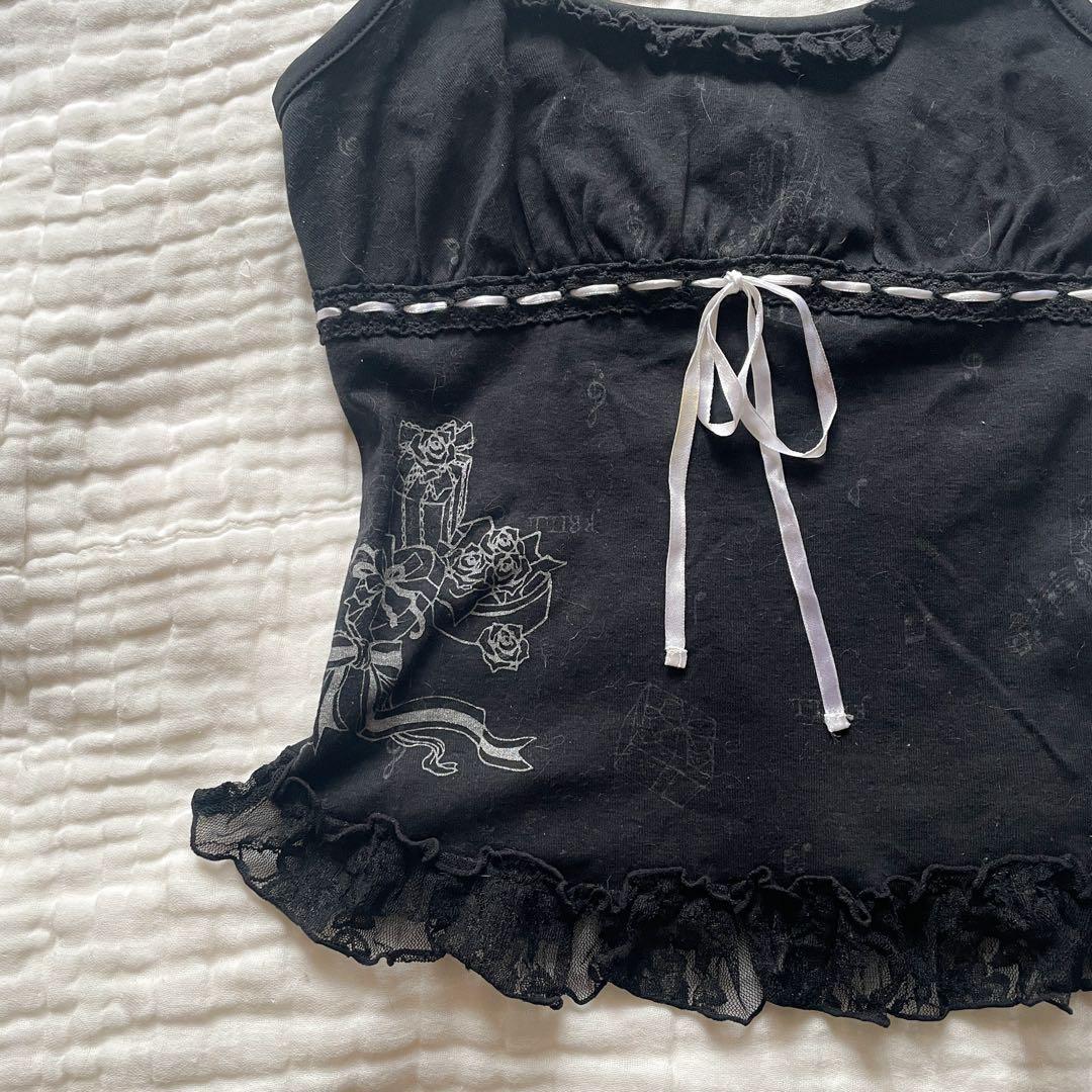 00s 希少 h.naoto FRILL はしごりぼんプリントフリルキャミ