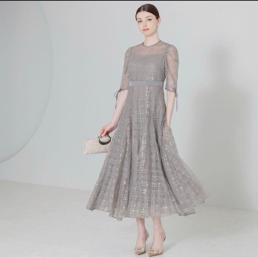 Leja チェック刺繍スパンコールチュール素材袖リボン結婚式 パーティードレス