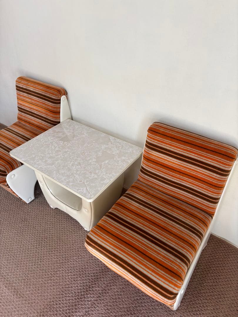 昭和レトロ◼️ミッドセンチュリー 未使用ソファセット 1970年オレンジストライプ