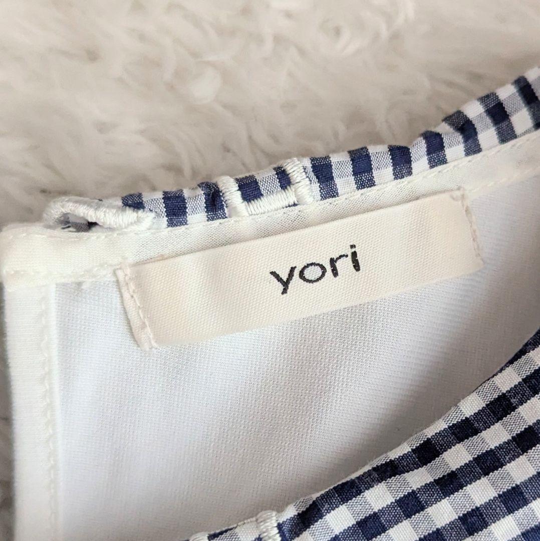 美品◎yori 23SS ギンガムスカラップカラー Tシャツ 洗える F 白 紺