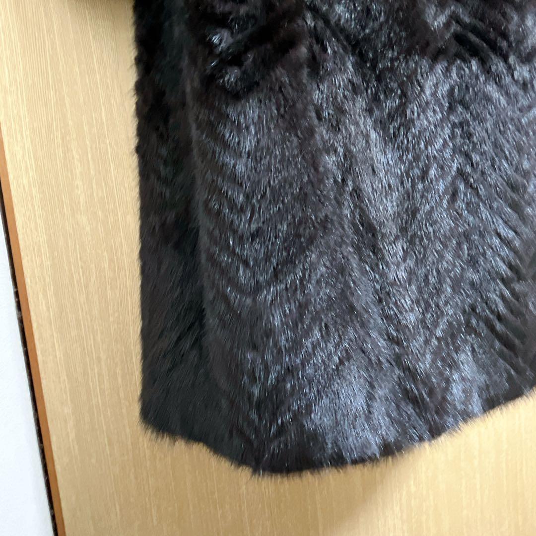 美品★ミンクファーヘリンボーンデザインロングコートマキシ丈 13号