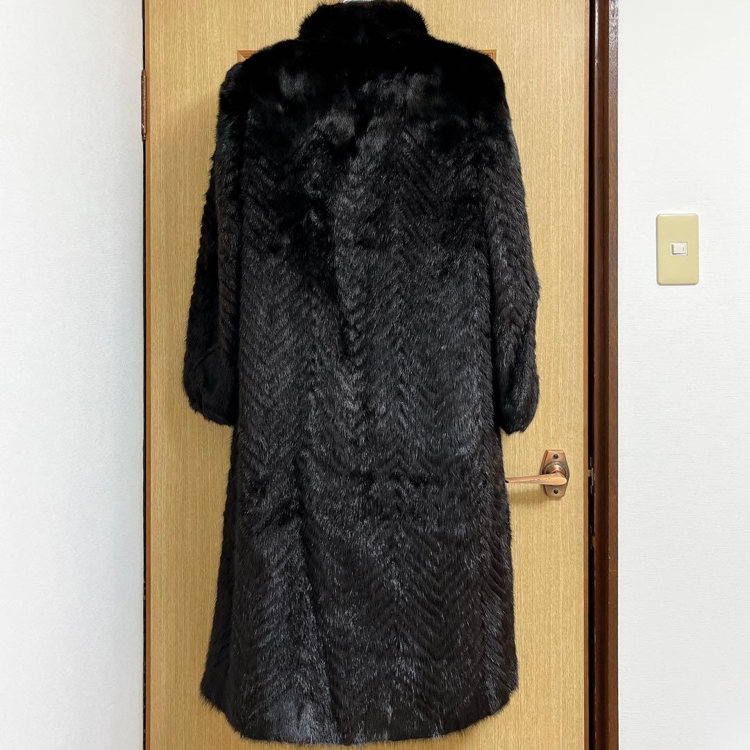 美品★ミンクファーヘリンボーンデザインロングコートマキシ丈 13号