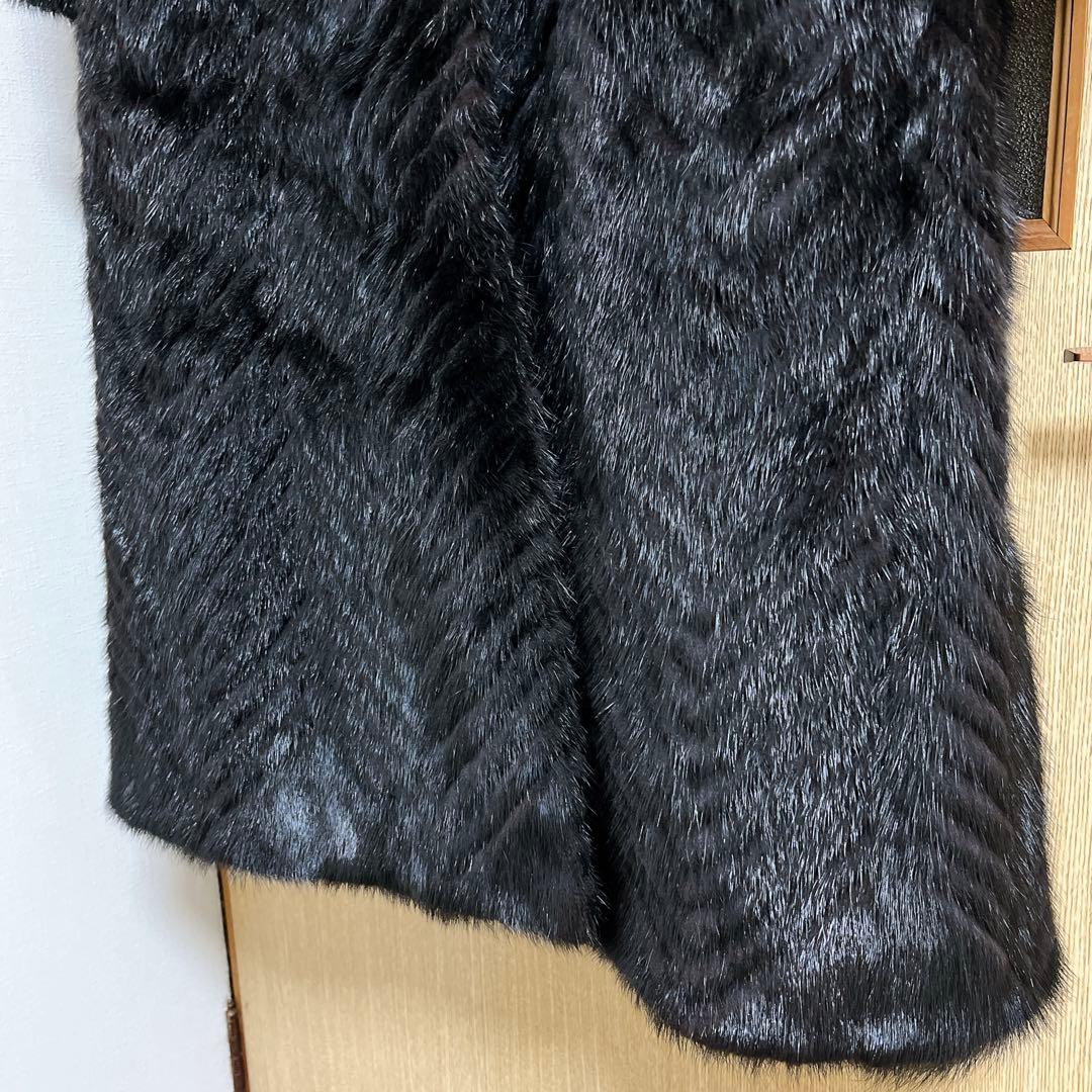 美品★ミンクファーヘリンボーンデザインロングコートマキシ丈 13号