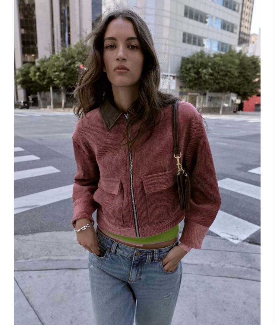 タグ付き新品★ZARAのコーデュロイフェイクレザー襟ジャケット★S★マルサラ色