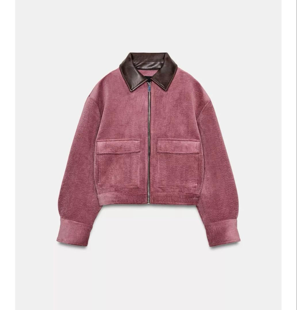 タグ付き新品★ZARAのコーデュロイフェイクレザー襟ジャケット★S★マルサラ色