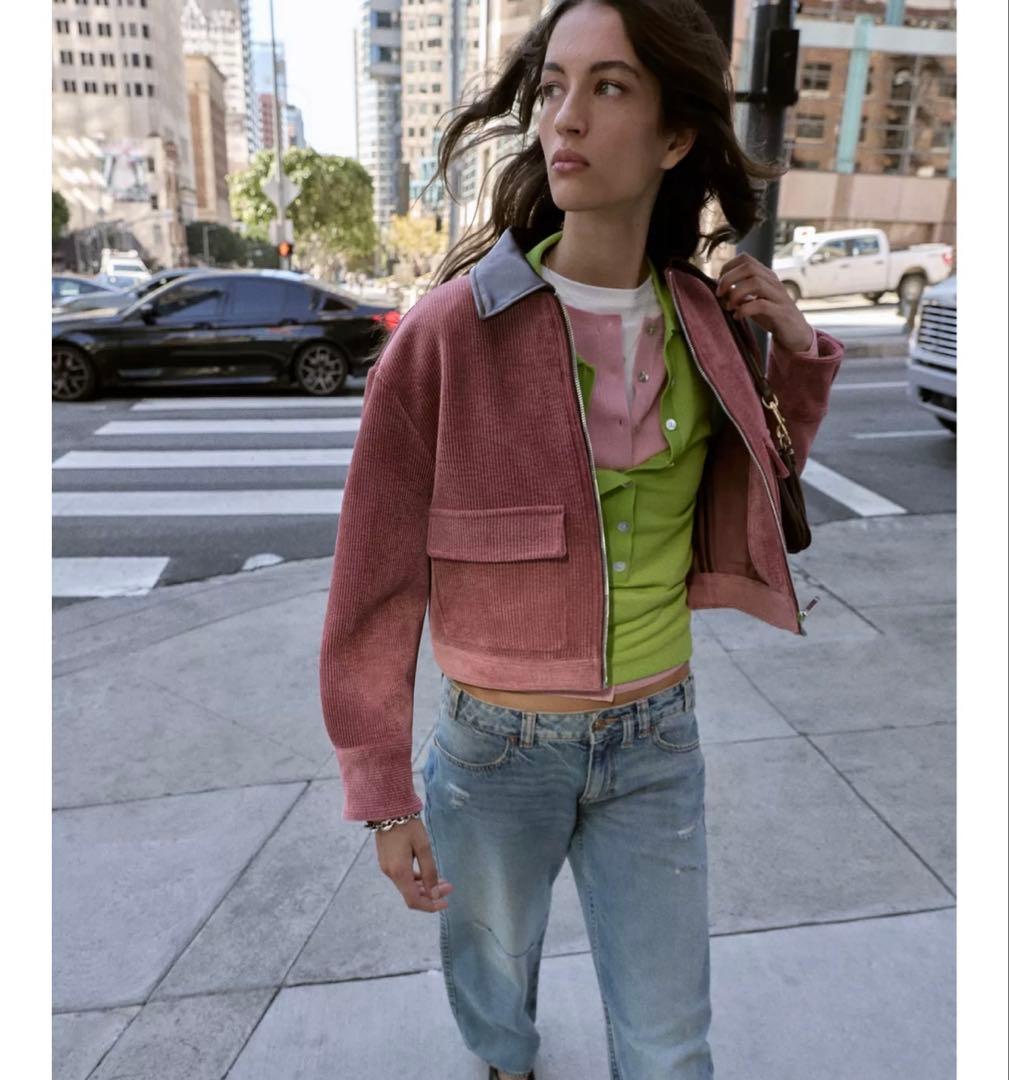 タグ付き新品★ZARAのコーデュロイフェイクレザー襟ジャケット★S★マルサラ色