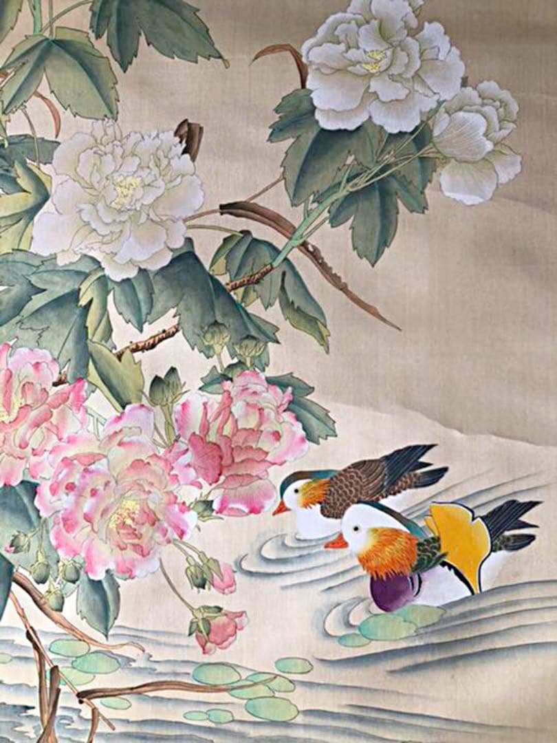 レア美品 中国作家の絵画作品(大) 満月夜の池鴛鴦牡丹図(セール！)