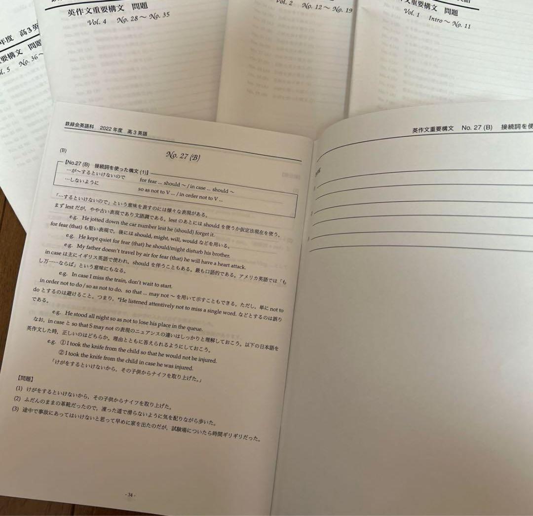 鉄緑会　高3 英語　英作文重要構文　プリント　冊子　受験勉強