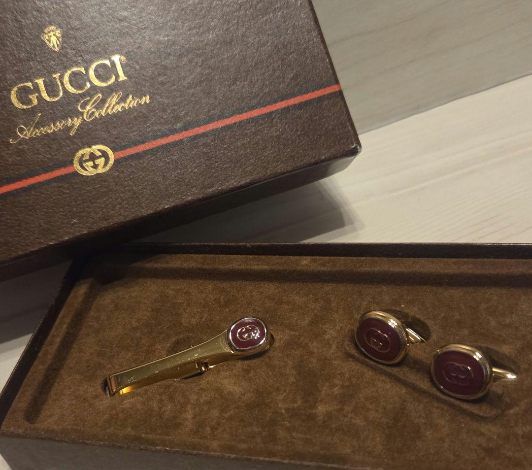 GUCCI ネクタイピン　カフスセット　ヴィンテージ　レッド　バーガンディ　箱付