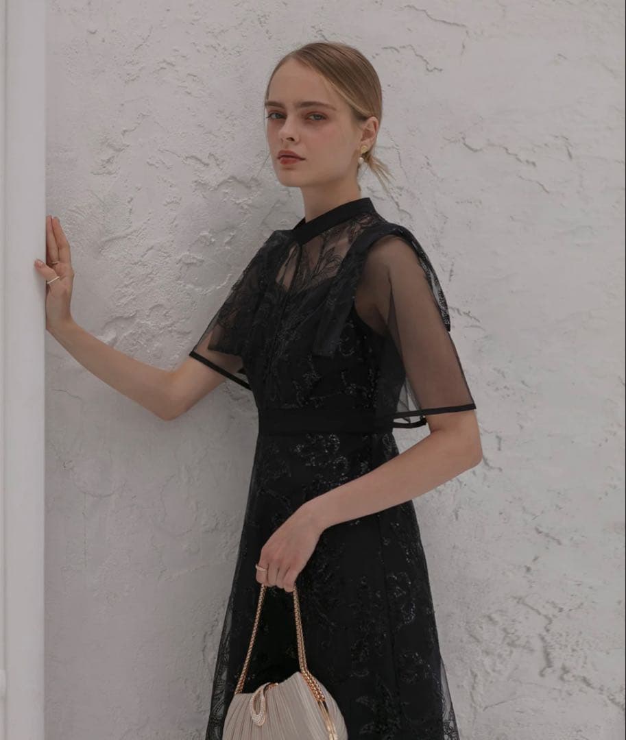 フラップデザインフラワースパンコールAラインワンピースドレス