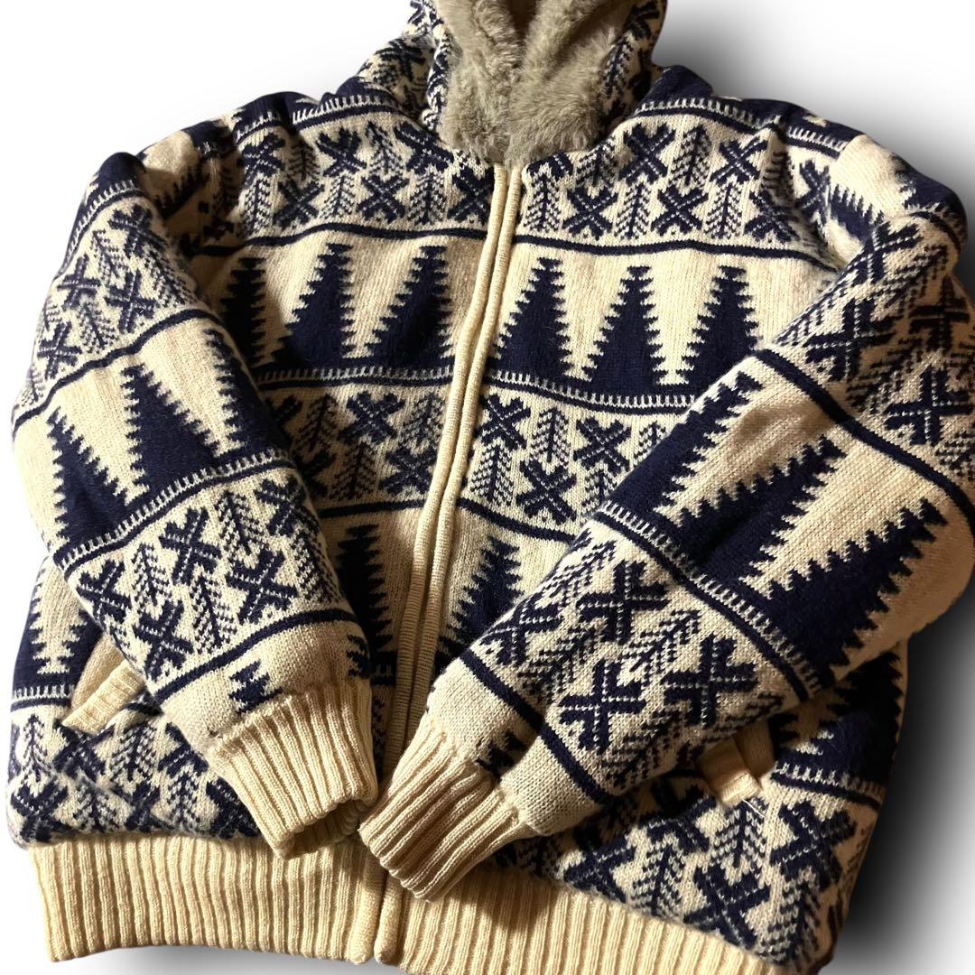 BLAIZE様☆ノルディック柄カウチンニットセーター総柄ファーフーディジップアッ